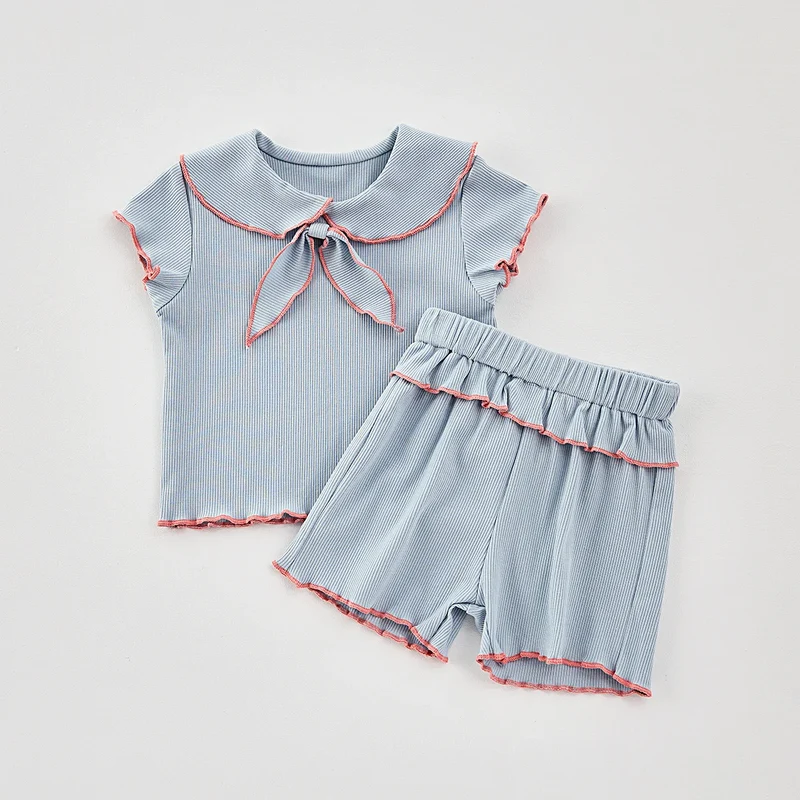 Summer baby girls 2-piece doll neck bow short sleeve top + shorts casual suit