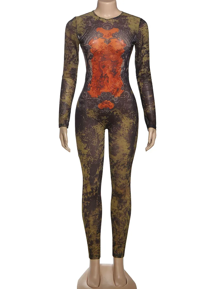 Weird Puss Tie-Dye Print Jumpsuit Women Fitness Stretch Tight Sexy o-Neck Full Sleeve Skinny Streetwear Autumn Zip Slim Overalls