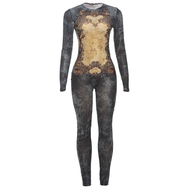 Weird Puss Tie-Dye Print Jumpsuit Women Fitness Stretch Tight Sexy o-Neck Full Sleeve Skinny Streetwear Autumn Zip Slim Overalls