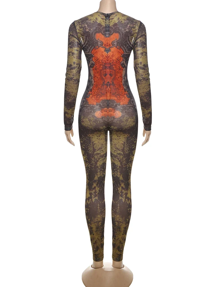 Weird Puss Tie-Dye Print Jumpsuit Women Fitness Stretch Tight Sexy o-Neck Full Sleeve Skinny Streetwear Autumn Zip Slim Overalls