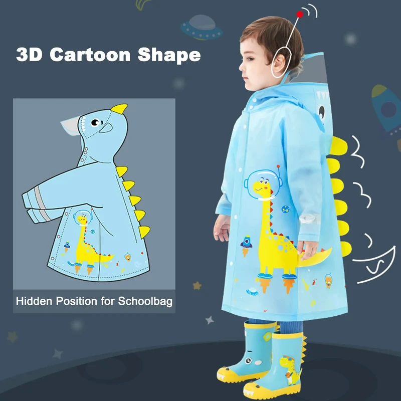 Kids Raincoat Waterproof Cute Dinosaur Space Design with Hood Big Space for Schoolbag and Transparent Brim for Children