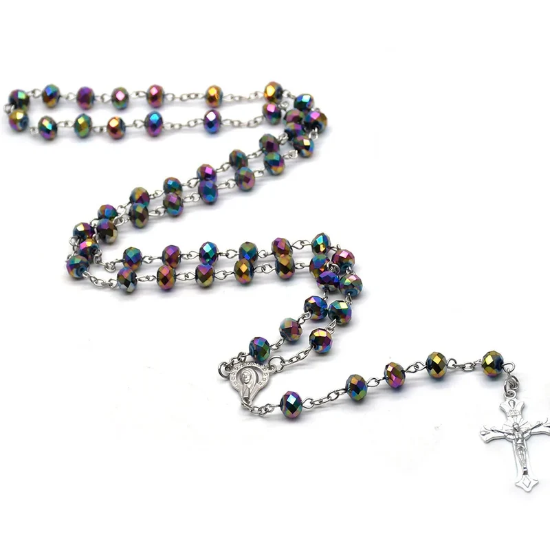 Rosary Cross Necklace Catholic Crystal Religious Beads Chain Children's Rosary Large Catholic Blue Young Bomb Party Jewelry