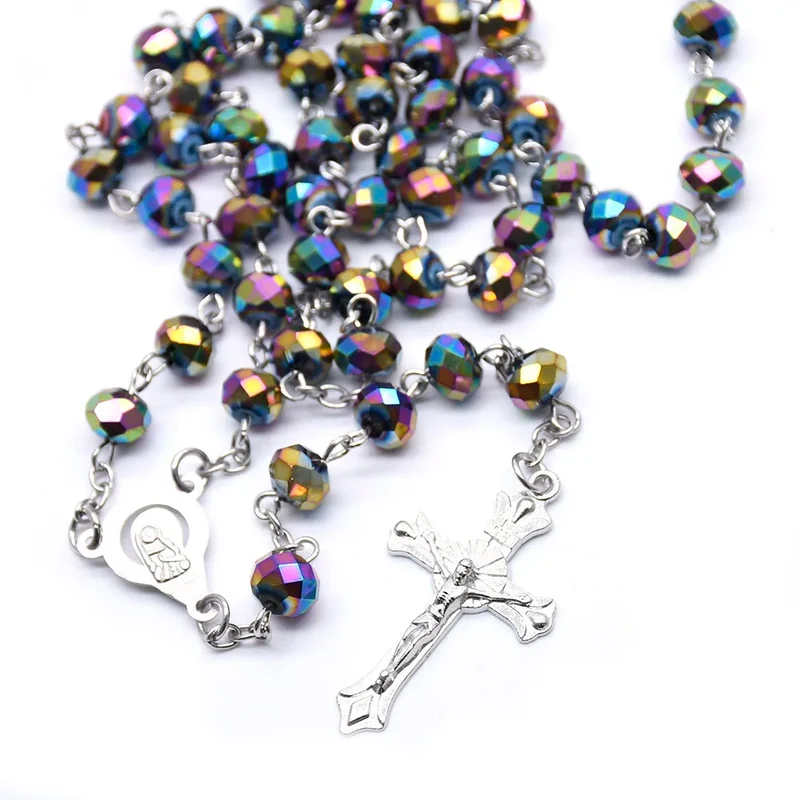 Rosary Cross Necklace Catholic Crystal Religious Beads Chain Children's Rosary Large Catholic Blue Young Bomb Party Jewelry