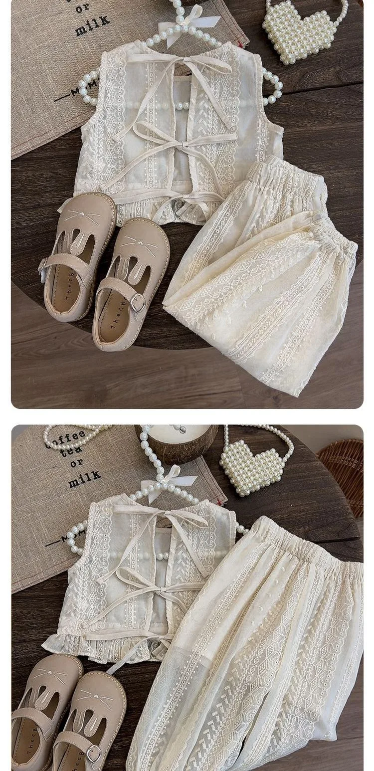 Girls' Summer Thin Suit 2024 Young Children Fashion Style Vest Wide Leg Pants Style Two-piece Set of Fashion