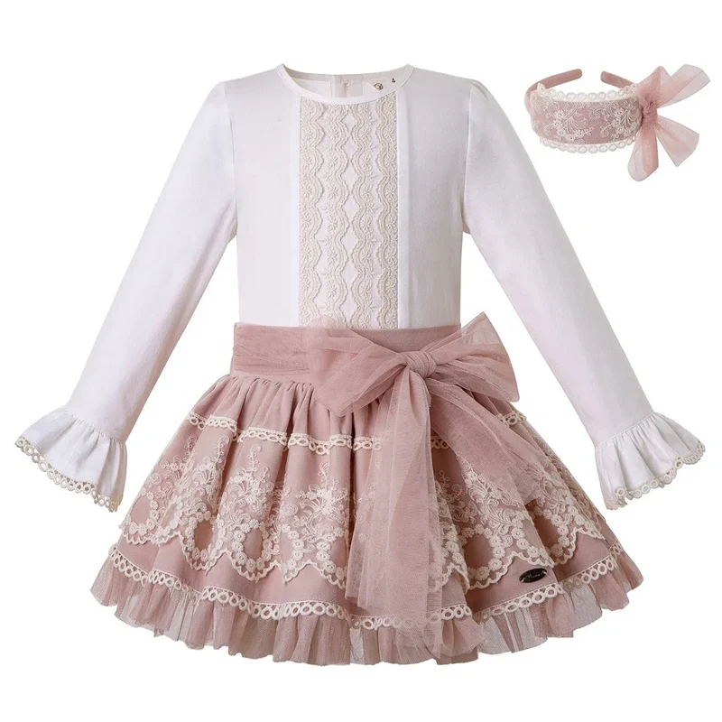 OEM Pettigirl Valentines Outfits in Children Casual Lace Vintage Dresses with Headband Wholesale Boutique Clothing 1BAG=1PCS