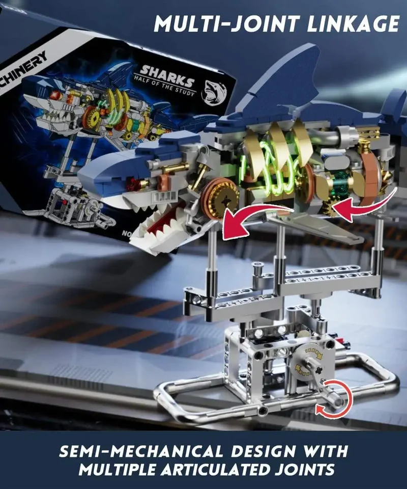 Half-mechanical Shark Building Block Movable Model, Boy with Lights, Punk-style Assembly Toy