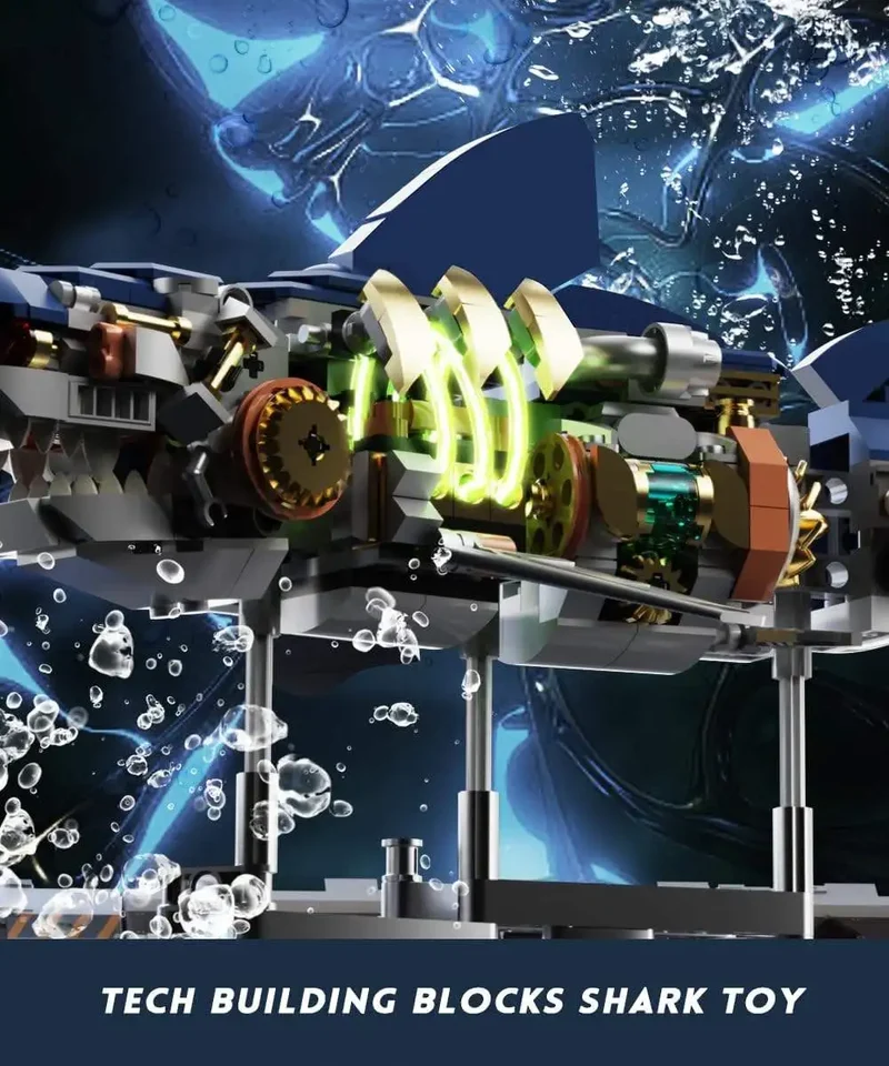 Half-mechanical Shark Building Block Movable Model, Boy with Lights, Punk-style Assembly Toy