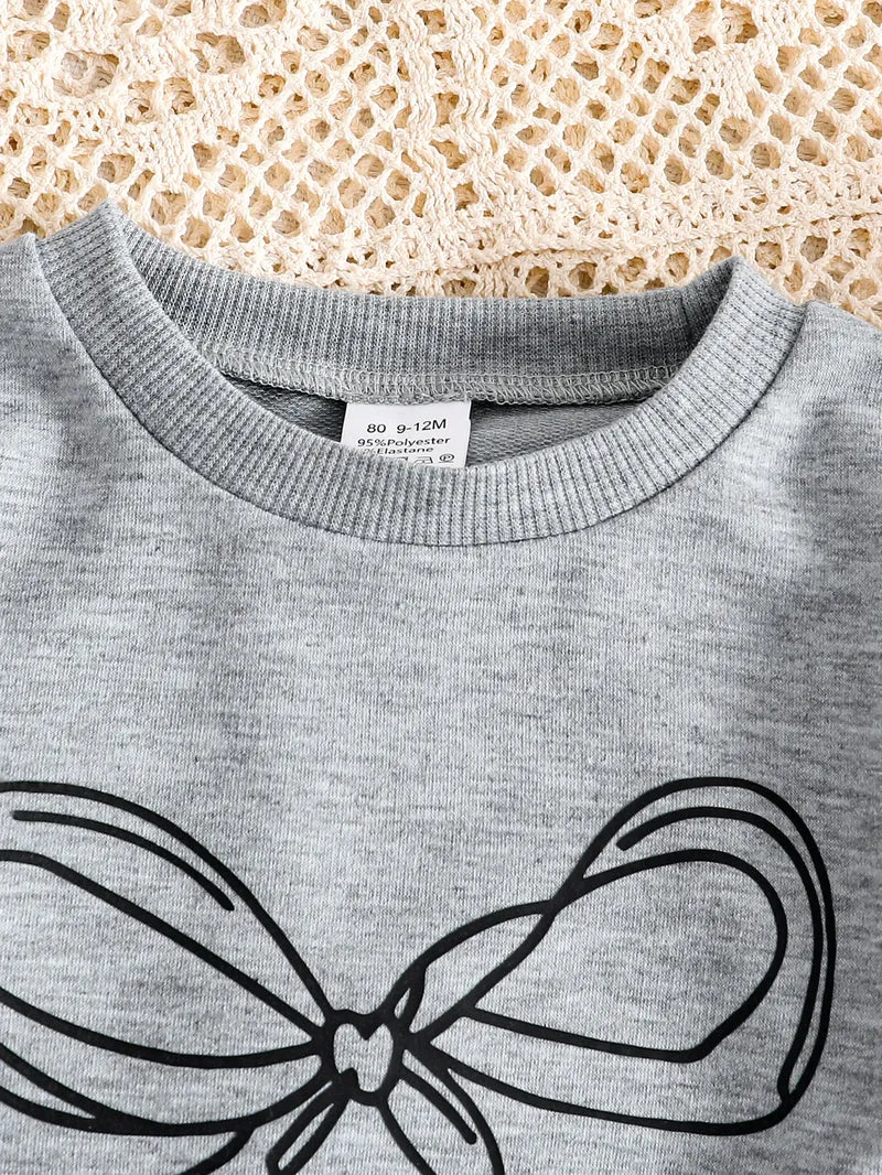 2-Piece Set for Toddler Girls: Cute Bowknot Print Gray Sweatshirt + Black Long Pants, Spring/Autumn/Winter Style, Casual Sports Pullover for Baby Girls, Newborn Children's Long-Sleeve Bowknot Design, Cute and Fashionable T-Sh