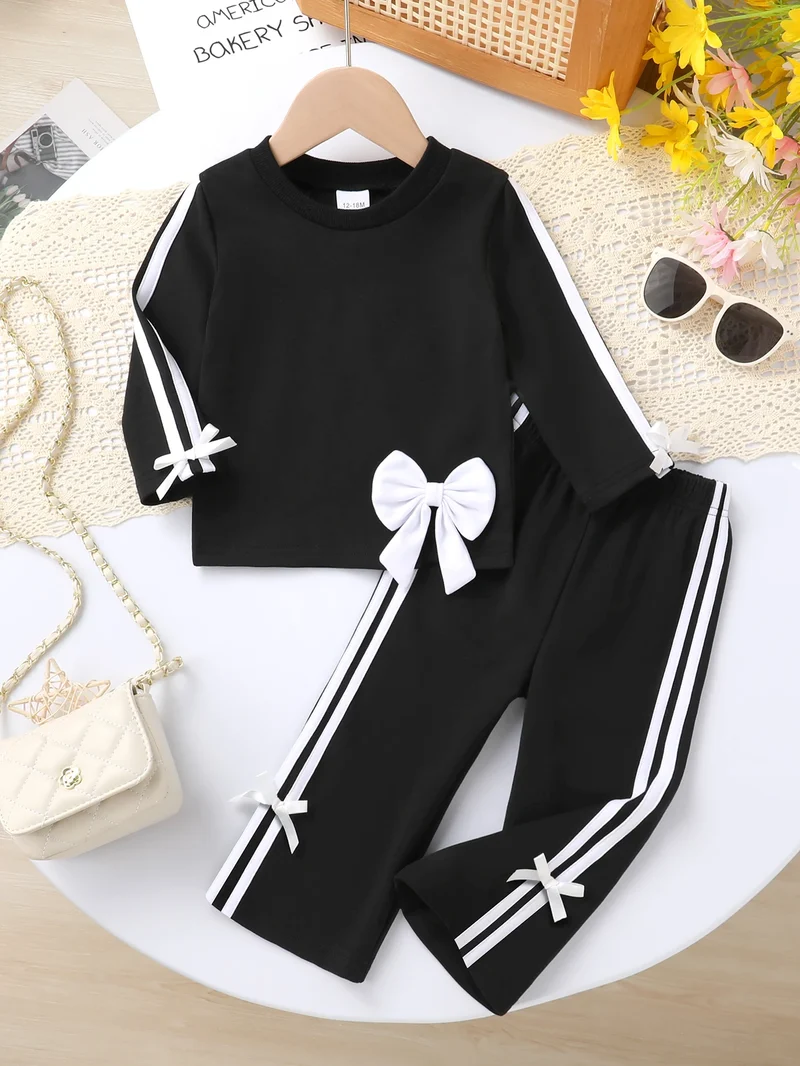 Baby Girls' Spring Outfit Set, Cute Bow Decor Long Sleeve Sweatshirt & Casual Soft Pants