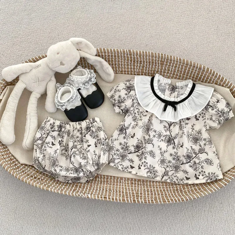 2026 New Summer Baby Clothing Set Infant Girls Floral Lace Collar Tops And Bloomer 2 PCS Suit Toddler Outfit