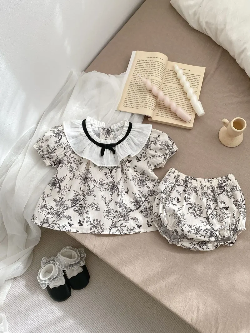 2026 New Summer Baby Clothing Set Infant Girls Floral Lace Collar Tops And Bloomer 2 PCS Suit Toddler Outfit
