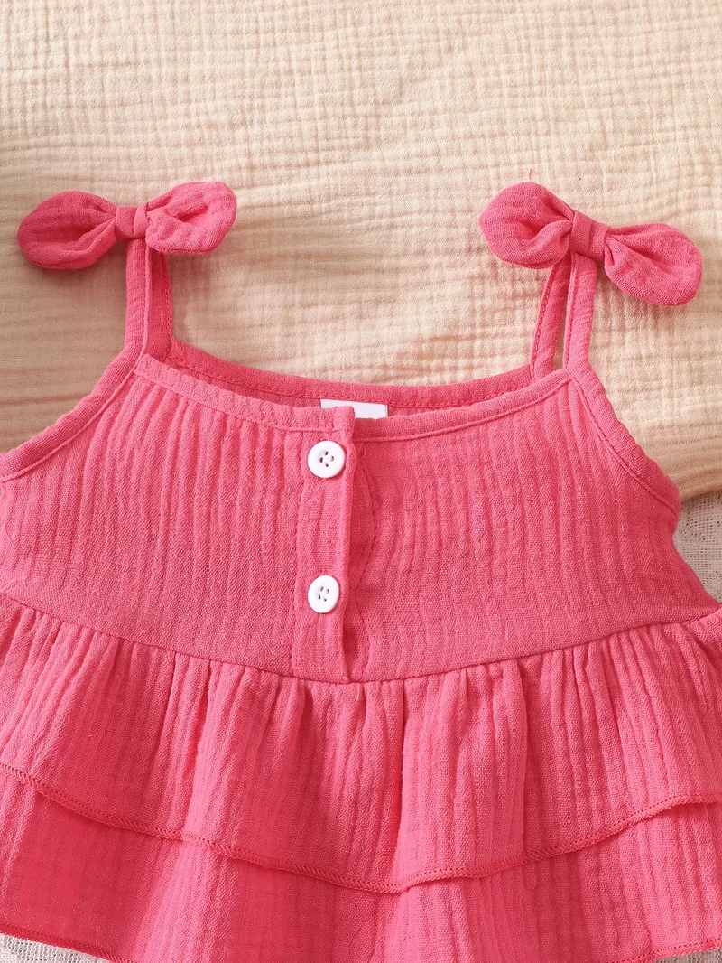 Baby Girl Bow-Knot Suspender Top with Ruffles + Bow-Knot Shorts Set, Cute and Breathable Two-Piece Summer Set