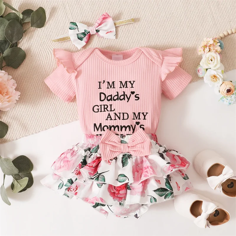 0-18Months Toddler Baby Girl 3Pcs Costumes Set Newborn Baby Girl Ruffle Short Sleeved Romper + Short Pants Skirt Infant Girl Set