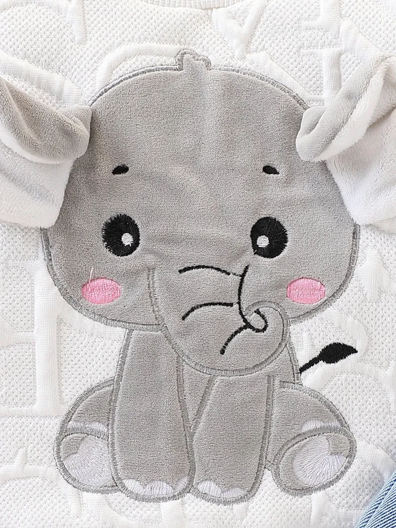 Unisex Baby Elephant Appliqué Quilted Sweatshirt & Distressed Denim Joggers 2-Piece Set