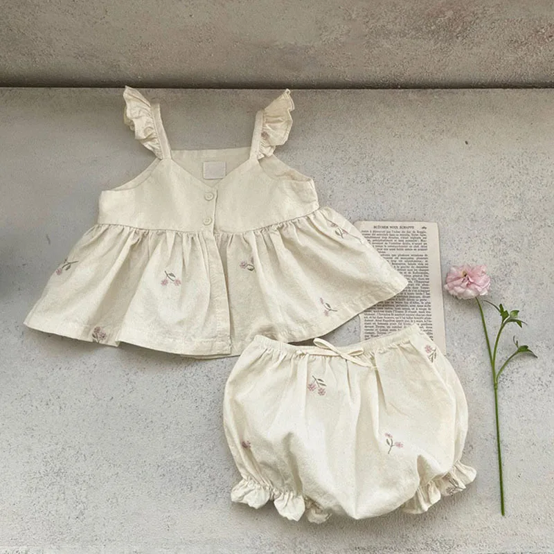 MILANCEL Baby Girl Summer Set Toddler Embroidered Ruffle Dress Top Shorts 2pcs