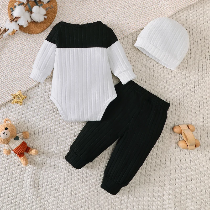 3Pcs/Set of Newborn Baby boy Color Blocked Long sleeved Bodysuit+Pants+Cute Hat Set 0-18 Months Baby boy Spring and Autumn Set