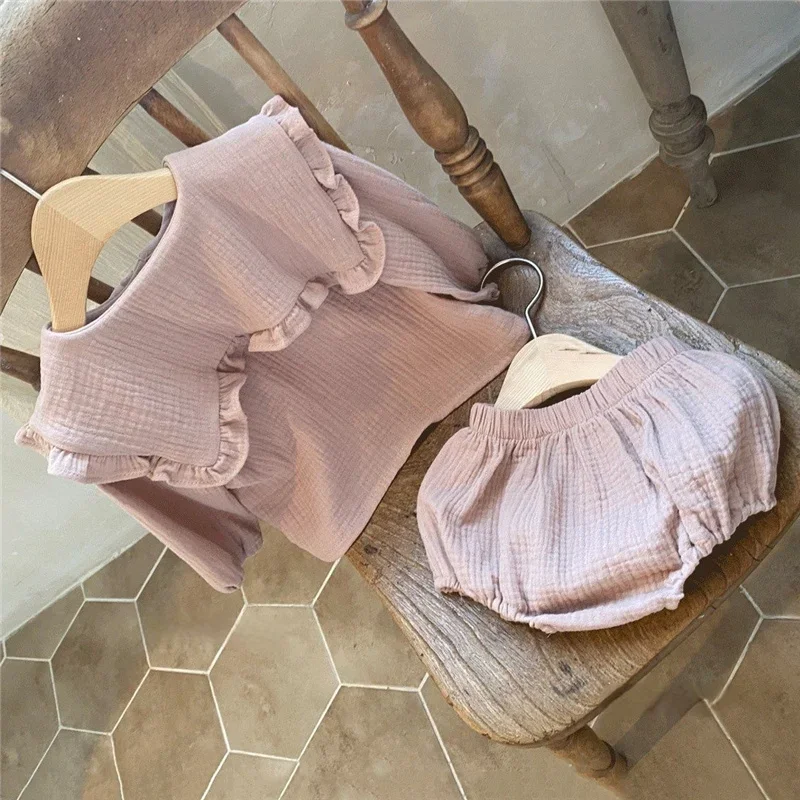 2pcs Newborn Baby Girls Clothes Organic Cotton Ruffled Collar Lapel Long Sleeve Shirt Top + Bread Pants Korean Casual Clothing