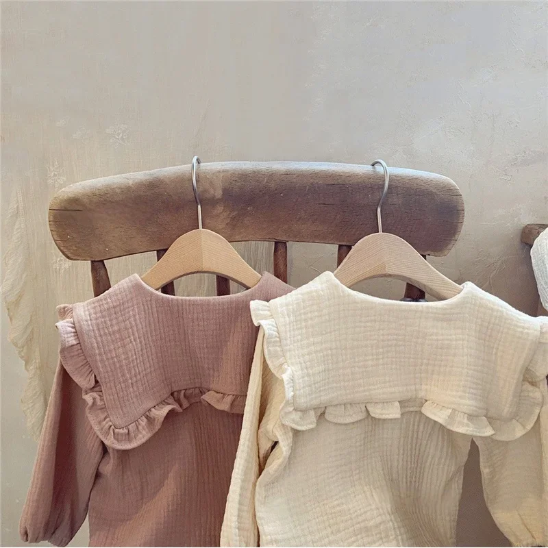2pcs Newborn Baby Girls Clothes Organic Cotton Ruffled Collar Lapel Long Sleeve Shirt Top + Bread Pants Korean Casual Clothing