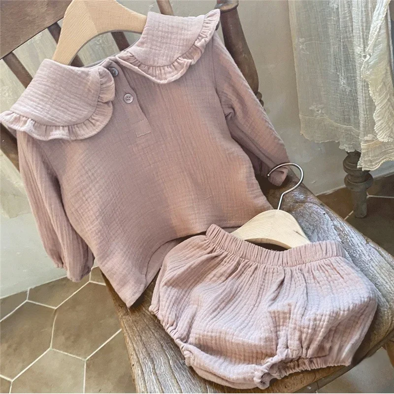 2pcs Newborn Baby Girls Clothes Organic Cotton Ruffled Collar Lapel Long Sleeve Shirt Top + Bread Pants Korean Casual Clothing