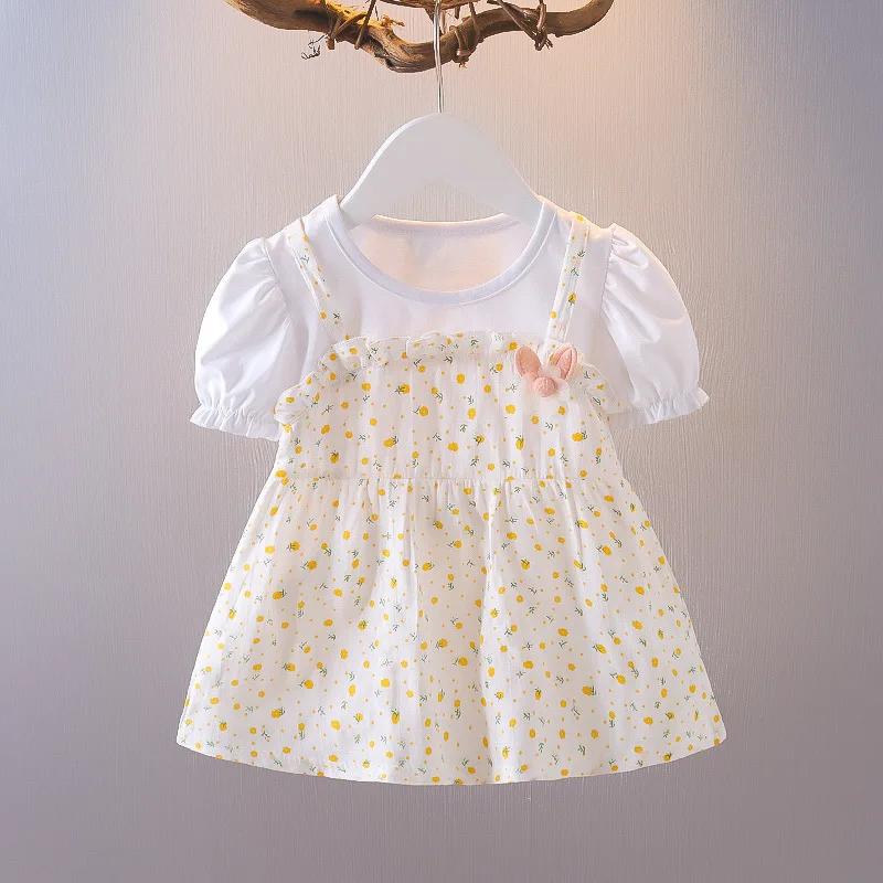Summer New Style Baby Girls Dress Short Sleeve Flower Fake Two-Piece Shoulder Strap Dress Cute Princess Wedding Party Costume