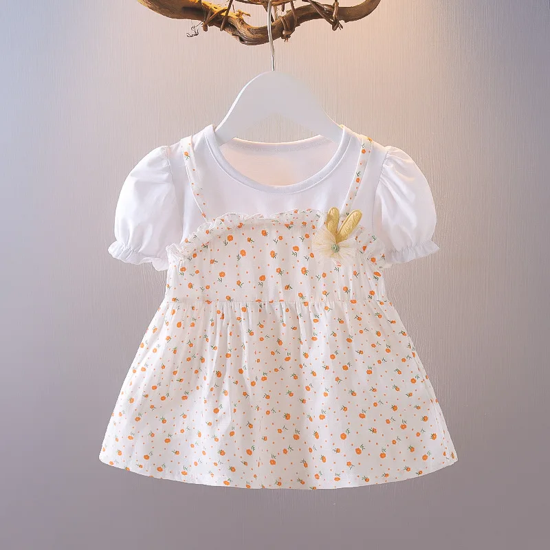 Summer New Style Baby Girls Dress Short Sleeve Flower Fake Two-Piece Shoulder Strap Dress Cute Princess Wedding Party Costume