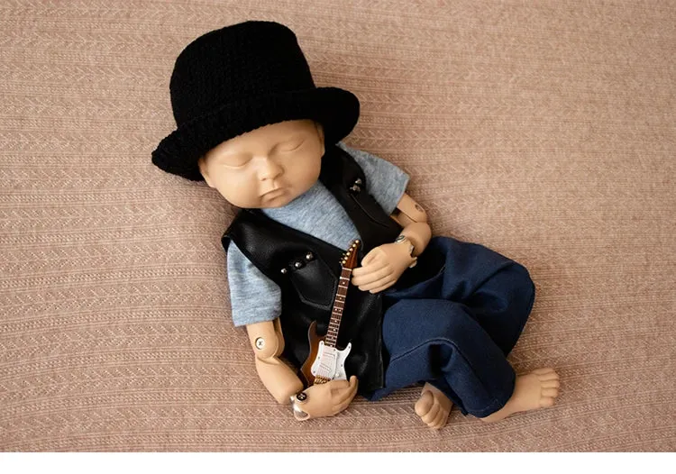Newborn Photography Clothes for Baby Boy Cool Leather Jacket Clothing Musician Guirar Set Props for Studio Photoshoot Props