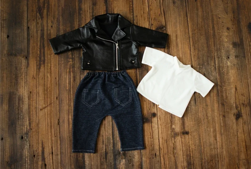 Newborn Photography Clothes for Baby Boy Cool Leather Jacket Clothing Musician Guirar Set Props for Studio Photoshoot Props