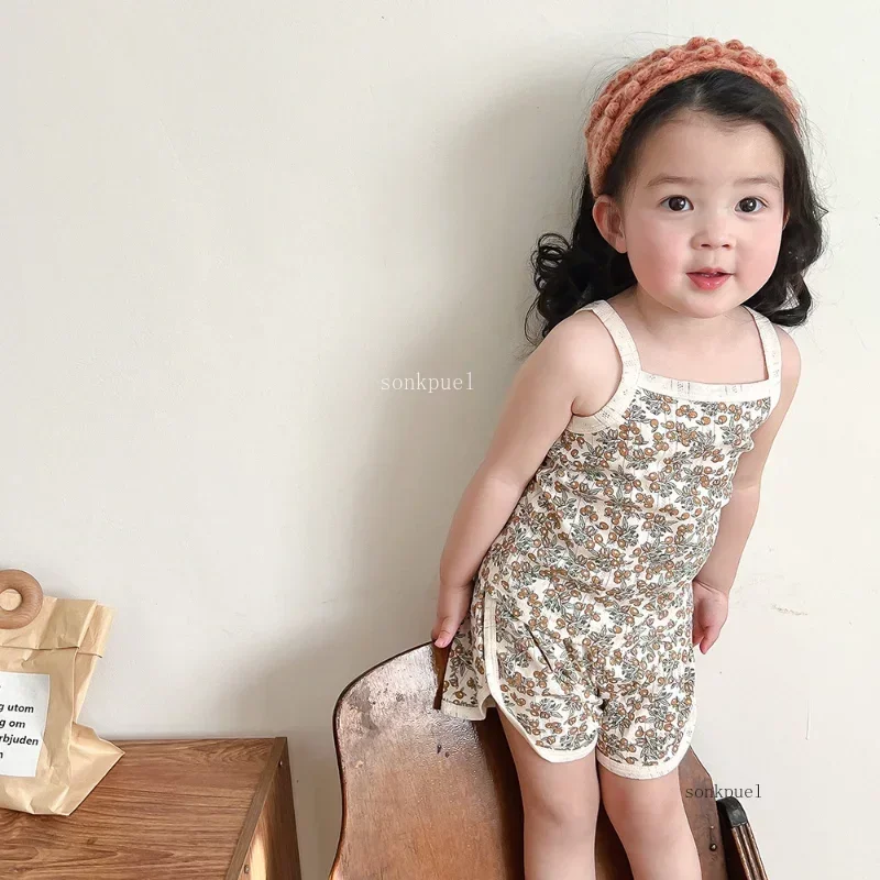 Baby Clothes Sets Summer Toddler Girl Strap Suits Cotton Printing Baby Boy Tops Tee and Shorts Infant Tracksuit Newborn Sets