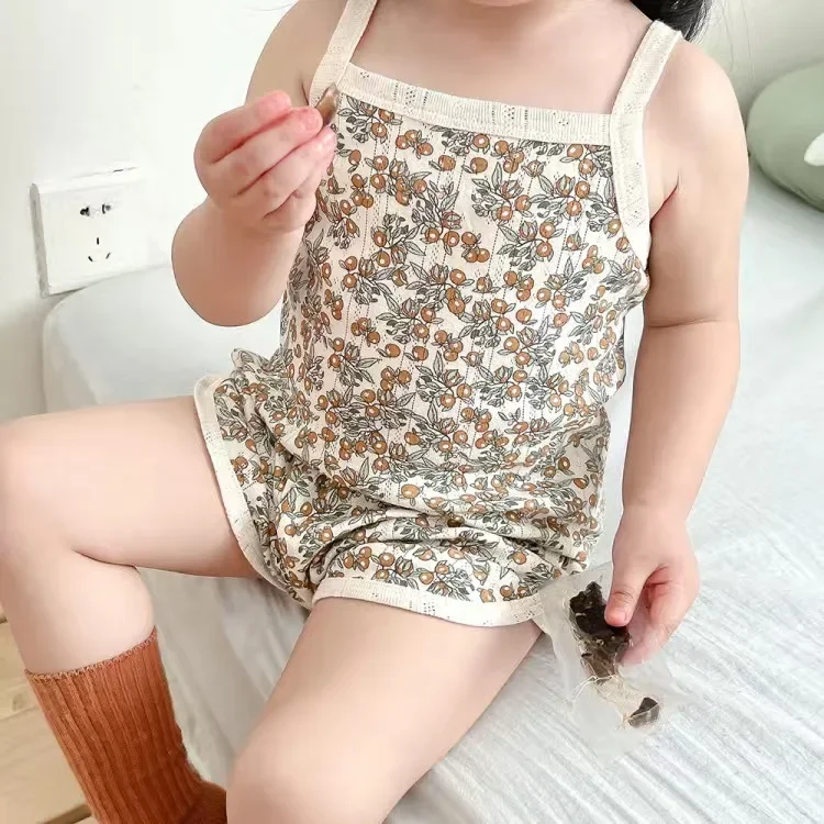 Baby Clothes Sets Summer Toddler Girl Strap Suits Cotton Printing Baby Boy Tops Tee and Shorts Infant Tracksuit Newborn Sets