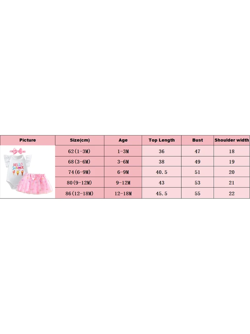 3Pcs Infant Girl Outfit Crew Neck Flying Sleeve Summer Themed Ice Cream Print Romper Tulle Skirt Headband Set