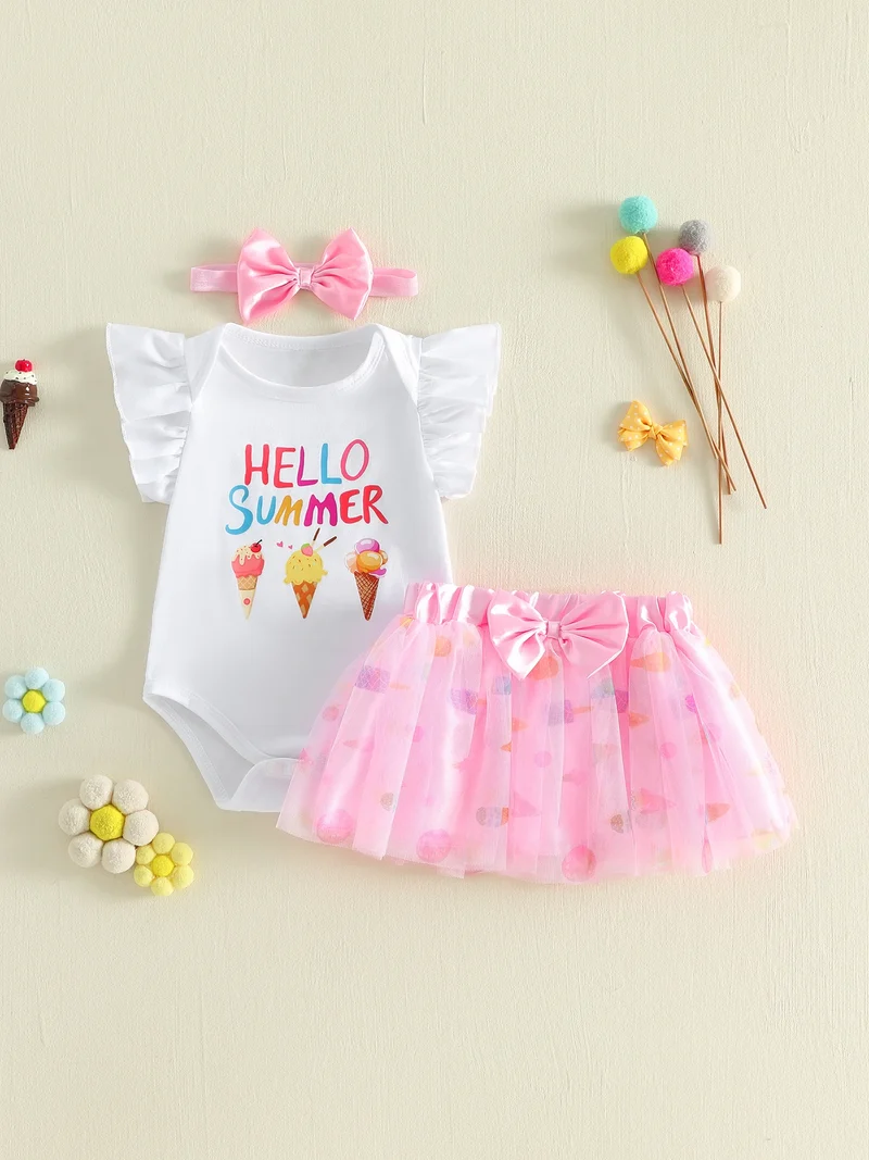 3Pcs Infant Girl Outfit Crew Neck Flying Sleeve Summer Themed Ice Cream Print Romper Tulle Skirt Headband Set