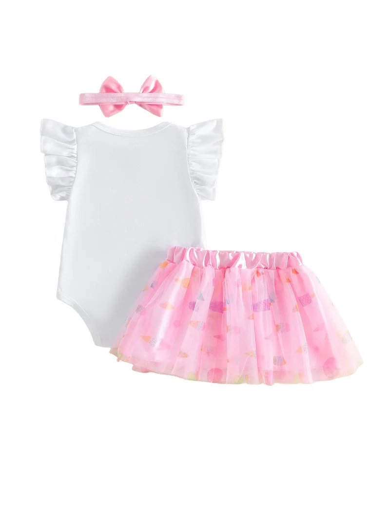 3Pcs Infant Girl Outfit Crew Neck Flying Sleeve Summer Themed Ice Cream Print Romper Tulle Skirt Headband Set