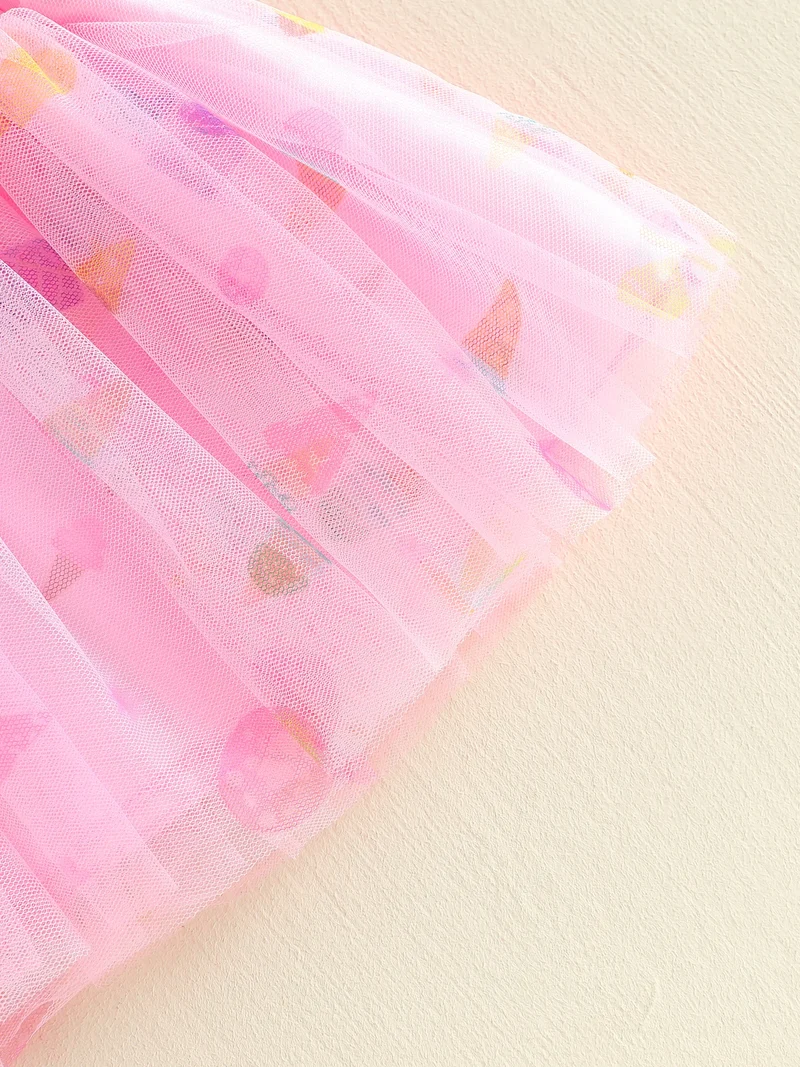 3Pcs Infant Girl Outfit Crew Neck Flying Sleeve Summer Themed Ice Cream Print Romper Tulle Skirt Headband Set