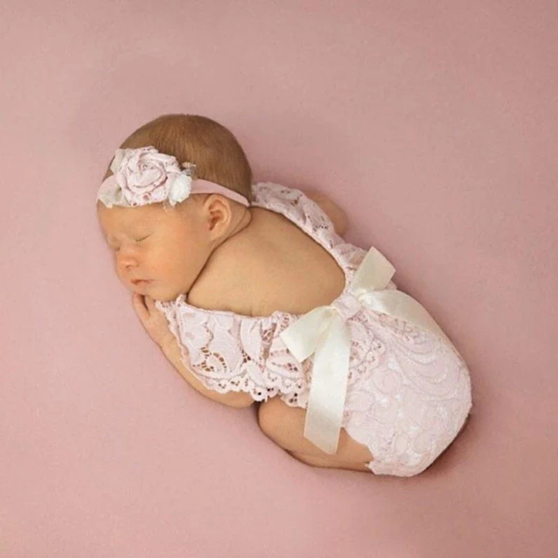Baby Bow Lace Romper Headband Set Newborn Photography Props Bodysuit Jumpsuit with Flower Hair Band Infants Fotografie Outfits
