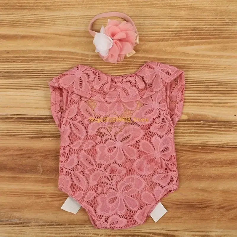 Baby Bow Lace Romper Headband Set Newborn Photography Props Bodysuit Jumpsuit with Flower Hair Band Infants Fotografie Outfits