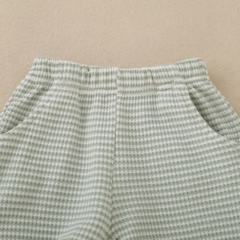 Summer neutral infant three small fish embroidered green short-sleeved T-shirt and green striped shorts two-piece set