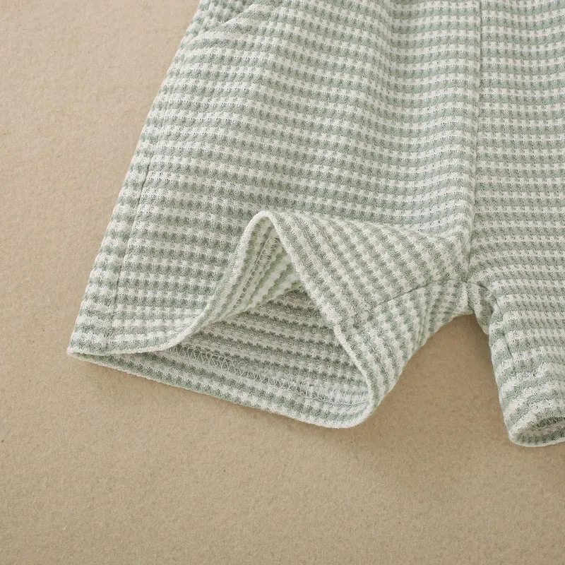 Summer neutral infant three small fish embroidered green short-sleeved T-shirt and green striped shorts two-piece set