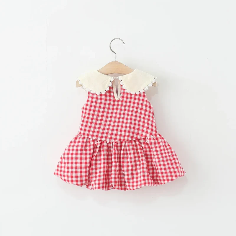 Girls Dresses Summer Cotton Red Checkered Bow Sleeveless Baby Girl Dress Cartoon Casual Beach Baby Clothing