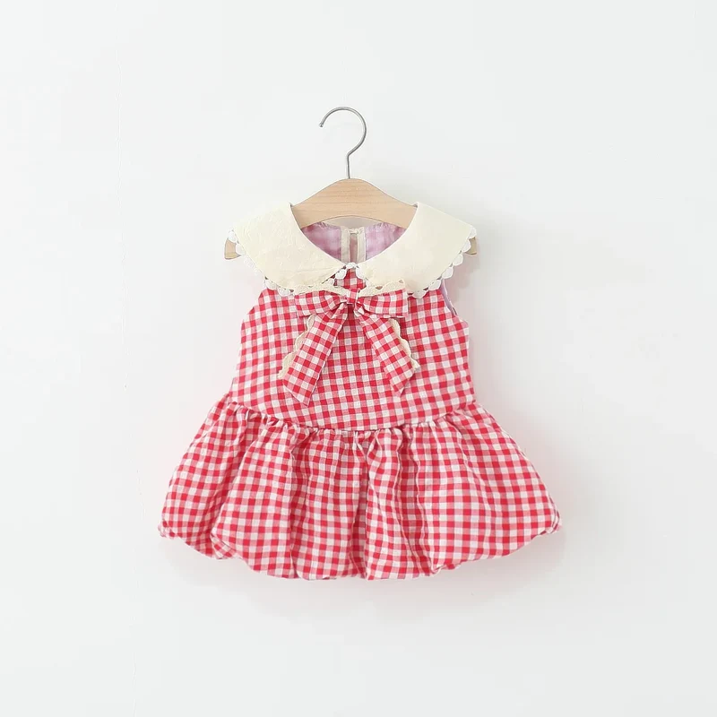 Girls Dresses Summer Cotton Red Checkered Bow Sleeveless Baby Girl Dress Cartoon Casual Beach Baby Clothing