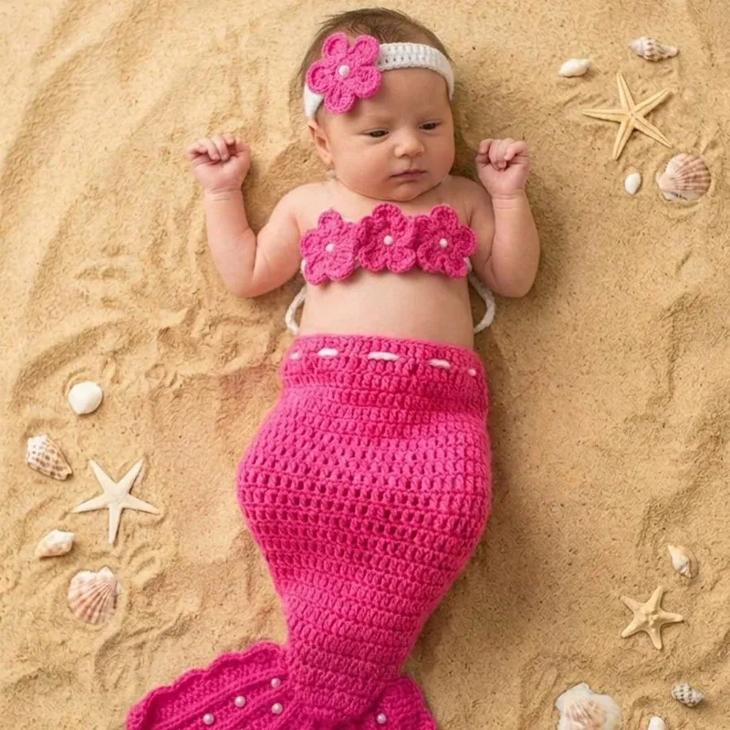 3Pcs Newborn Photography Props Baby Girl Crochet Mermaid Tail Outfit Handmade Photo Shoot Costume Bebe Headband Clothes Set