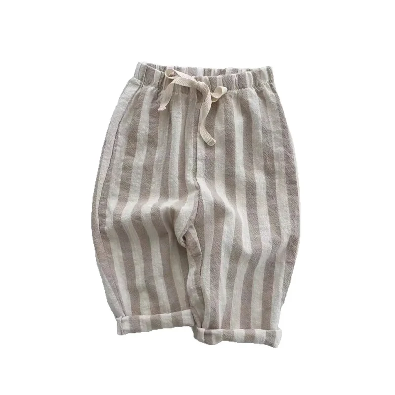 K230124 Unisex Baby Boys Girls Elastic Waist Striped Casual Pants Korean Style Infant Toddler Summer Trousers