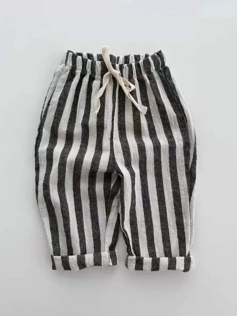 K230124 Unisex Baby Boys Girls Elastic Waist Striped Casual Pants Korean Style Infant Toddler Summer Trousers