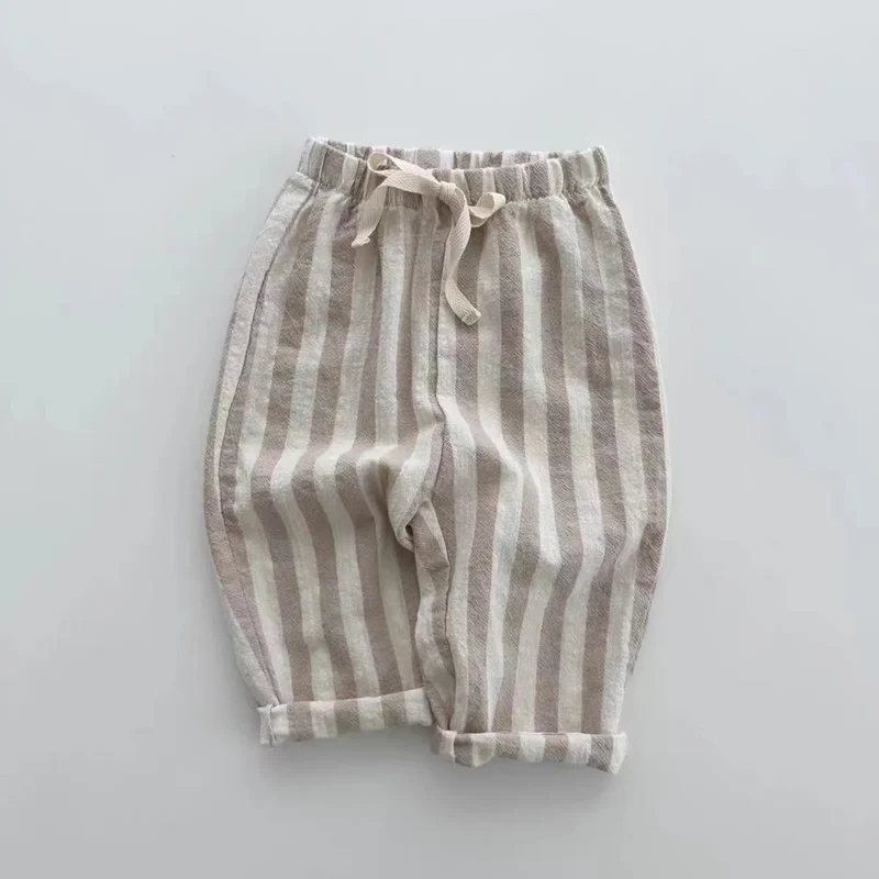 K230124 Unisex Baby Boys Girls Elastic Waist Striped Casual Pants Korean Style Infant Toddler Summer Trousers