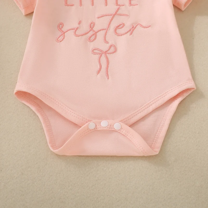 Summer unisex baby pink short-sleeved letter-print romper, shorts, bow hair accessory and belt – 4-piece set