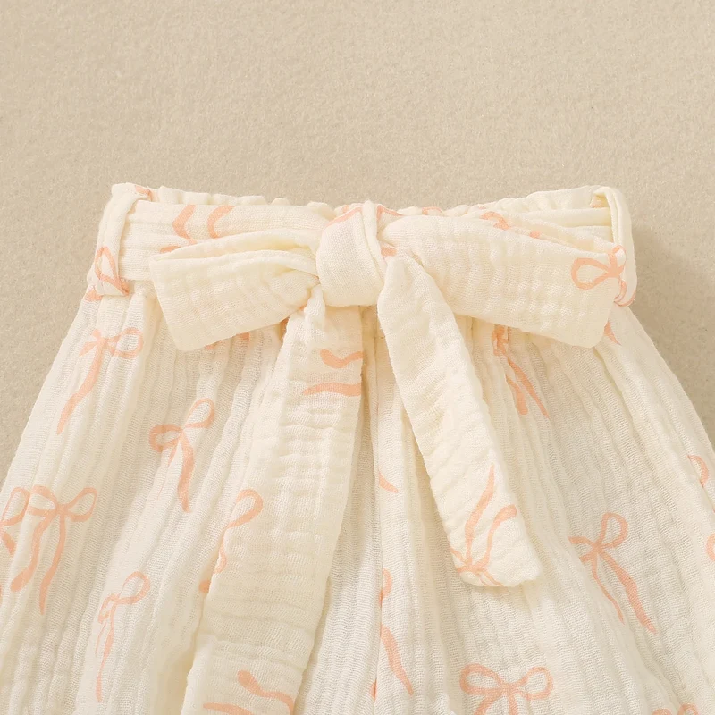Summer unisex baby pink short-sleeved letter-print romper, shorts, bow hair accessory and belt – 4-piece set