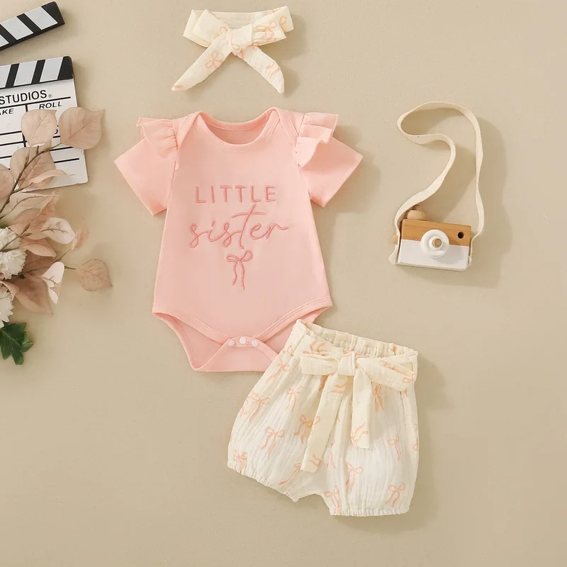 Summer unisex baby pink short-sleeved letter-print romper, shorts, bow hair accessory and belt – 4-piece set