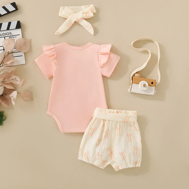 Summer unisex baby pink short-sleeved letter-print romper, shorts, bow hair accessory and belt – 4-piece set