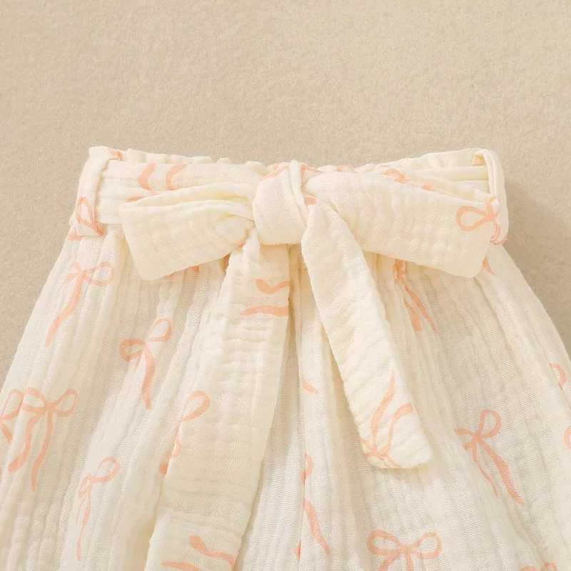 Summer unisex baby pink short-sleeved letter-print romper, shorts, bow hair accessory and belt – 4-piece set