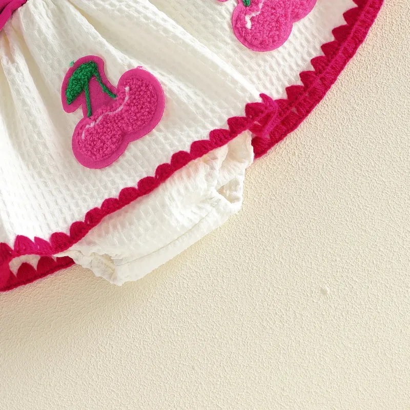 Sweet Baby Girl Summer Outfit Contrast Trim Ruffled Hem Cami Tops Cherry Applique Bow Skorts 2 Piece Girls Set