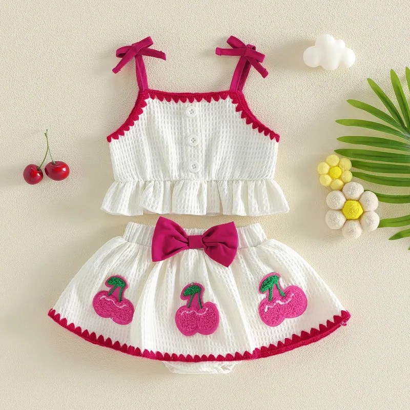 Sweet Baby Girl Summer Outfit Contrast Trim Ruffled Hem Cami Tops Cherry Applique Bow Skorts 2 Piece Girls Set